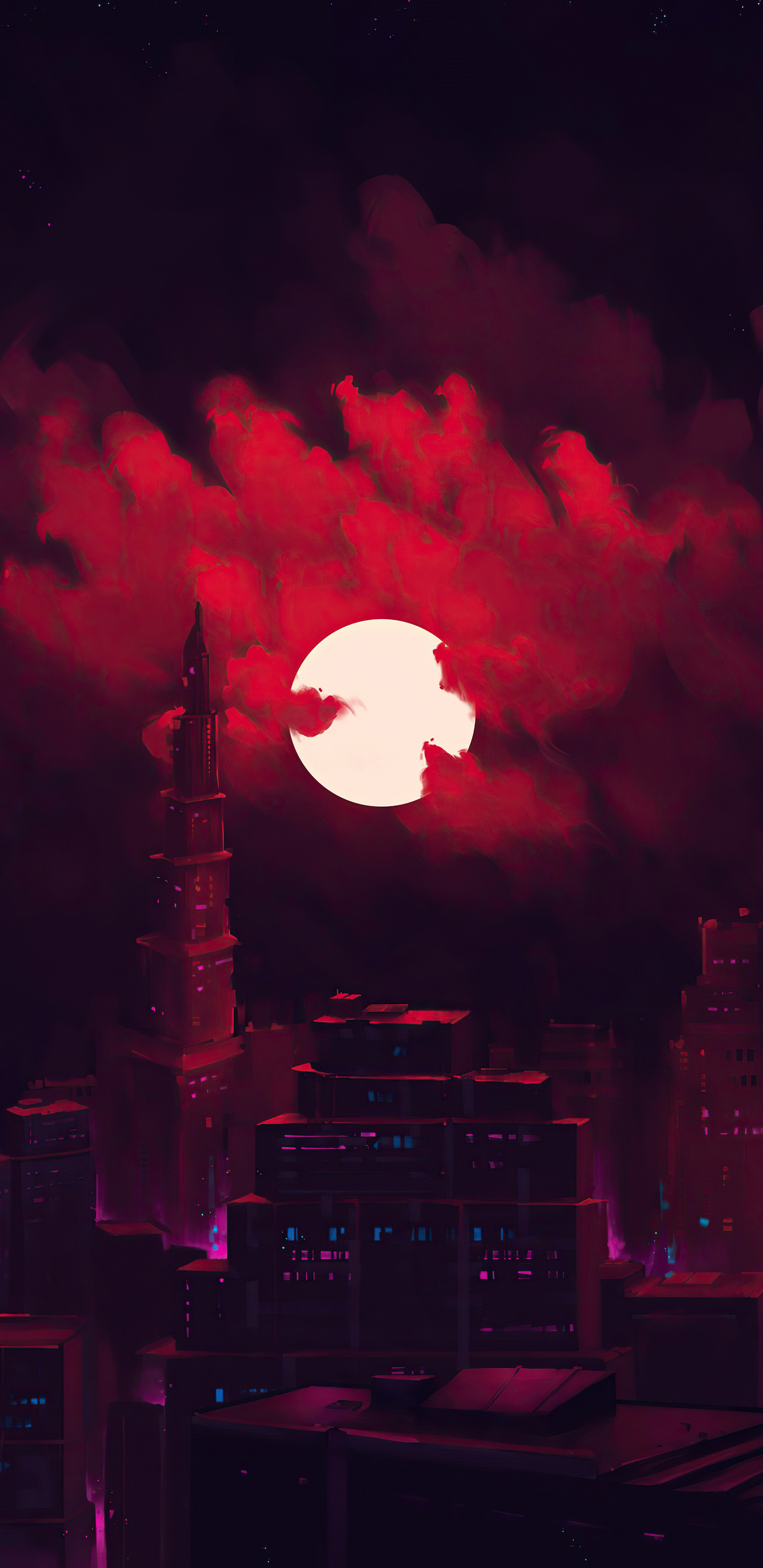 A digital painting of a futuristic cityscape with a red glowing full moon in the background - Crimson