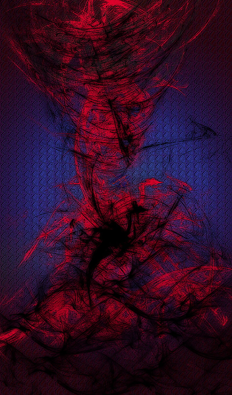 A red and blue abstract painting with a dark blue background - Crimson