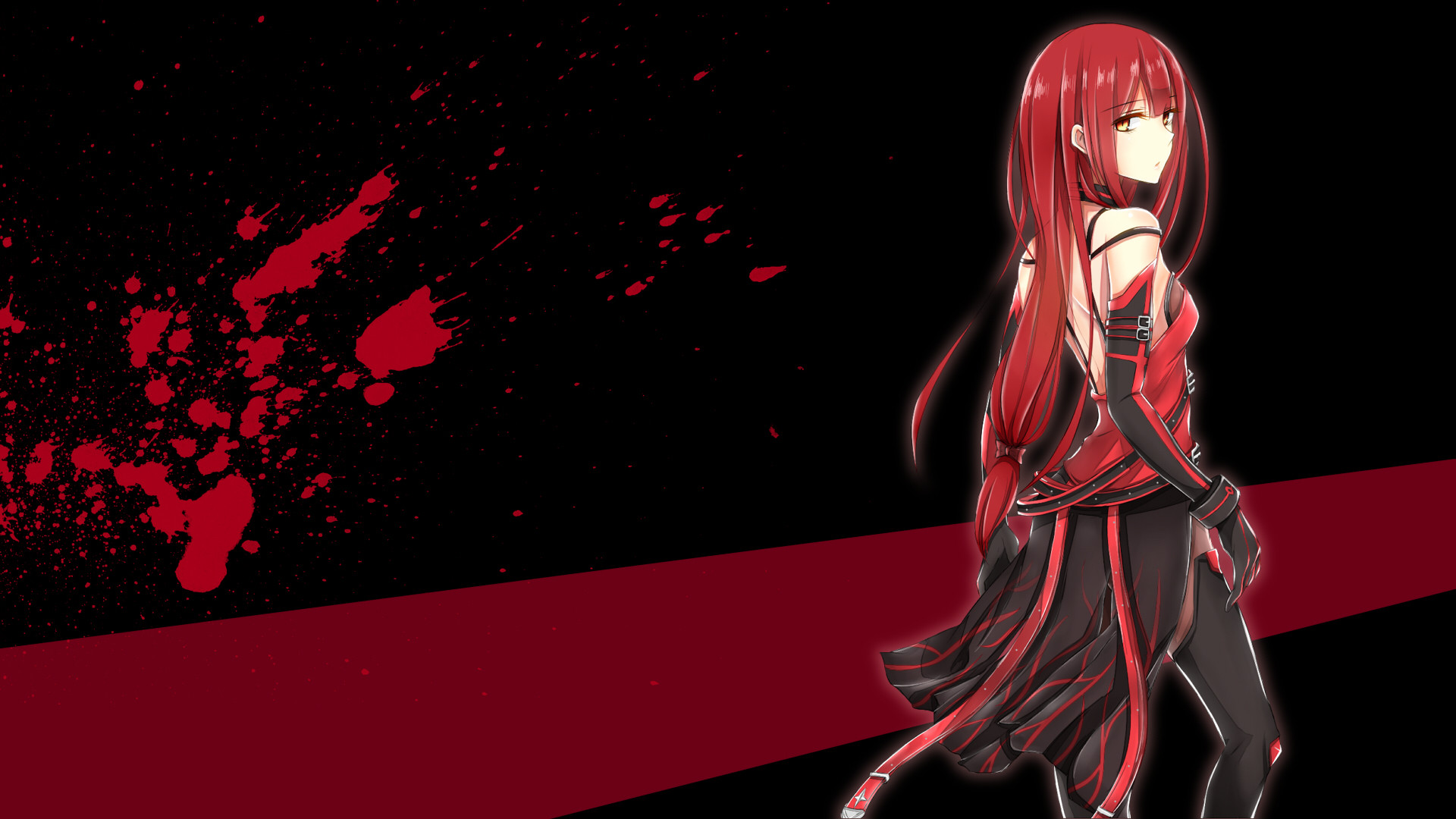 Anime girl with long red hair and a black and red outfit - Crimson