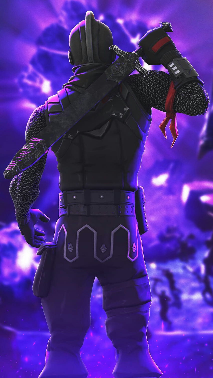 A Fortnite wallpaper of a black knight in a black and red suit holding a scythe - Fortnite