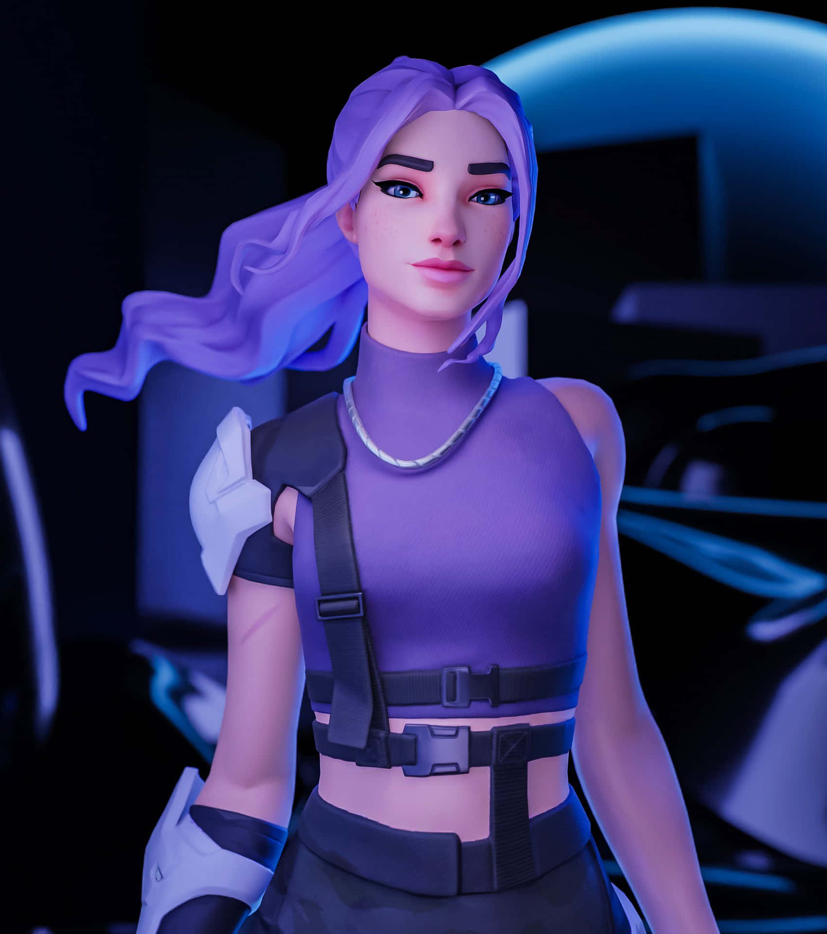 A woman with purple hair and black clothing - Fortnite