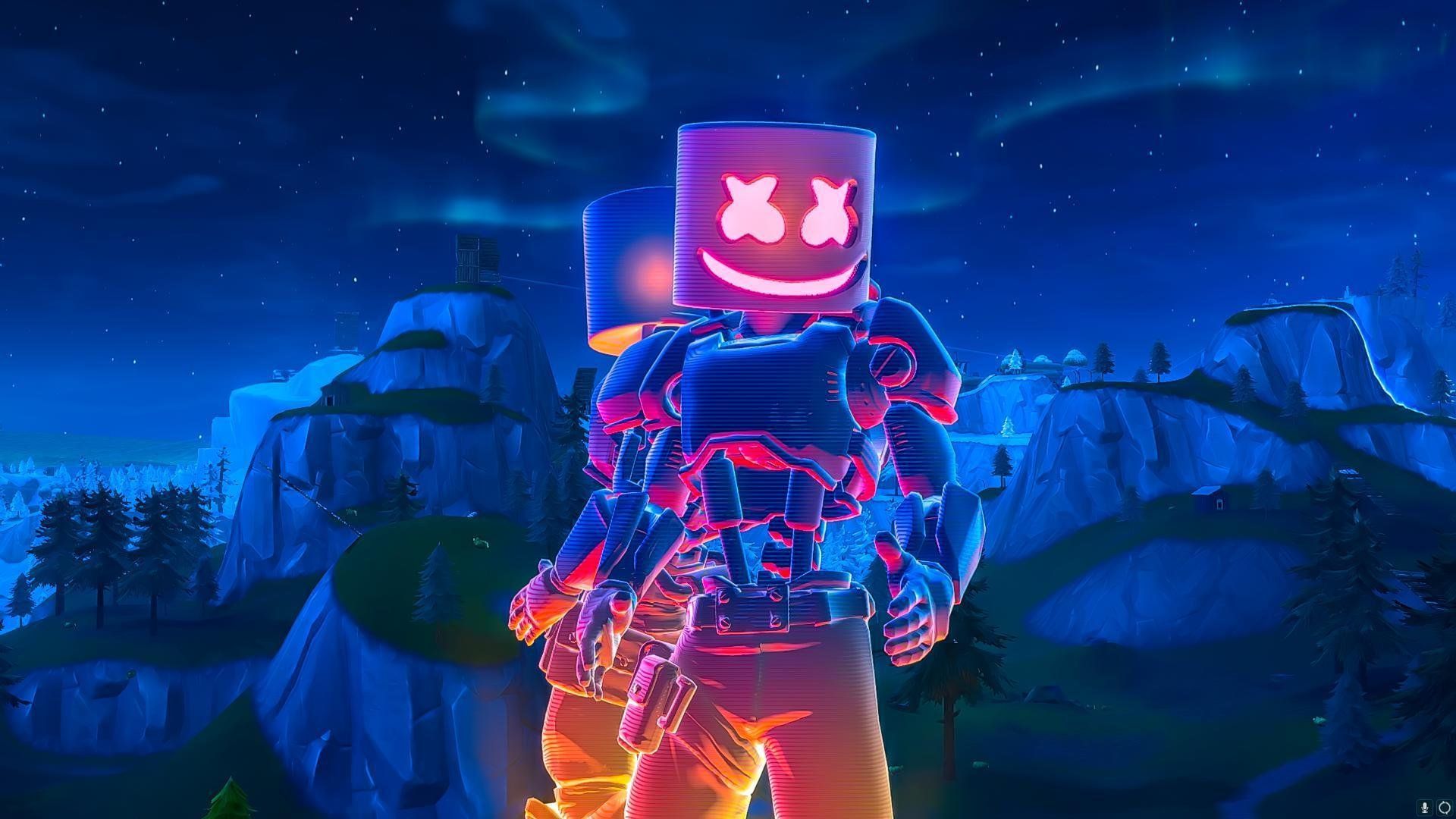 A robot with an emoji face in front of the night sky - Fortnite