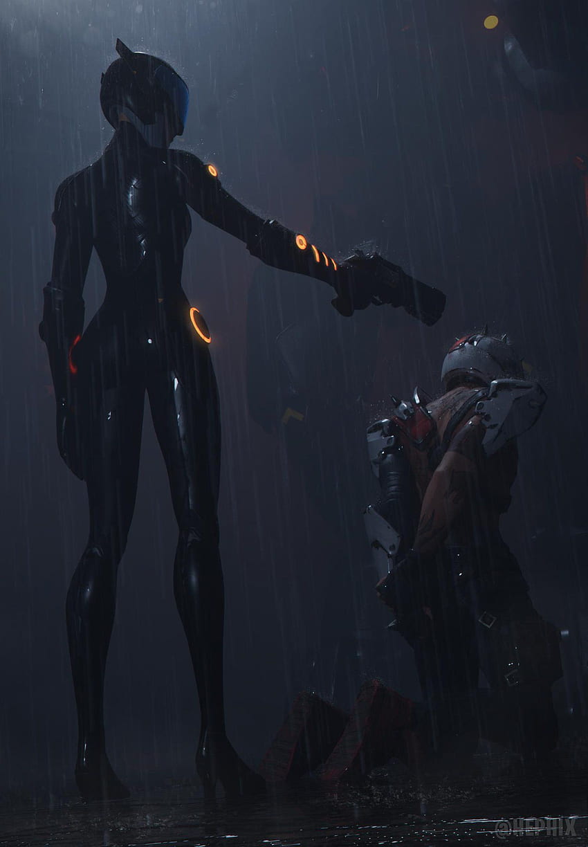 A woman in a black bodysuit with orange details and a helmet stands in the rain, holding a gun - Fortnite