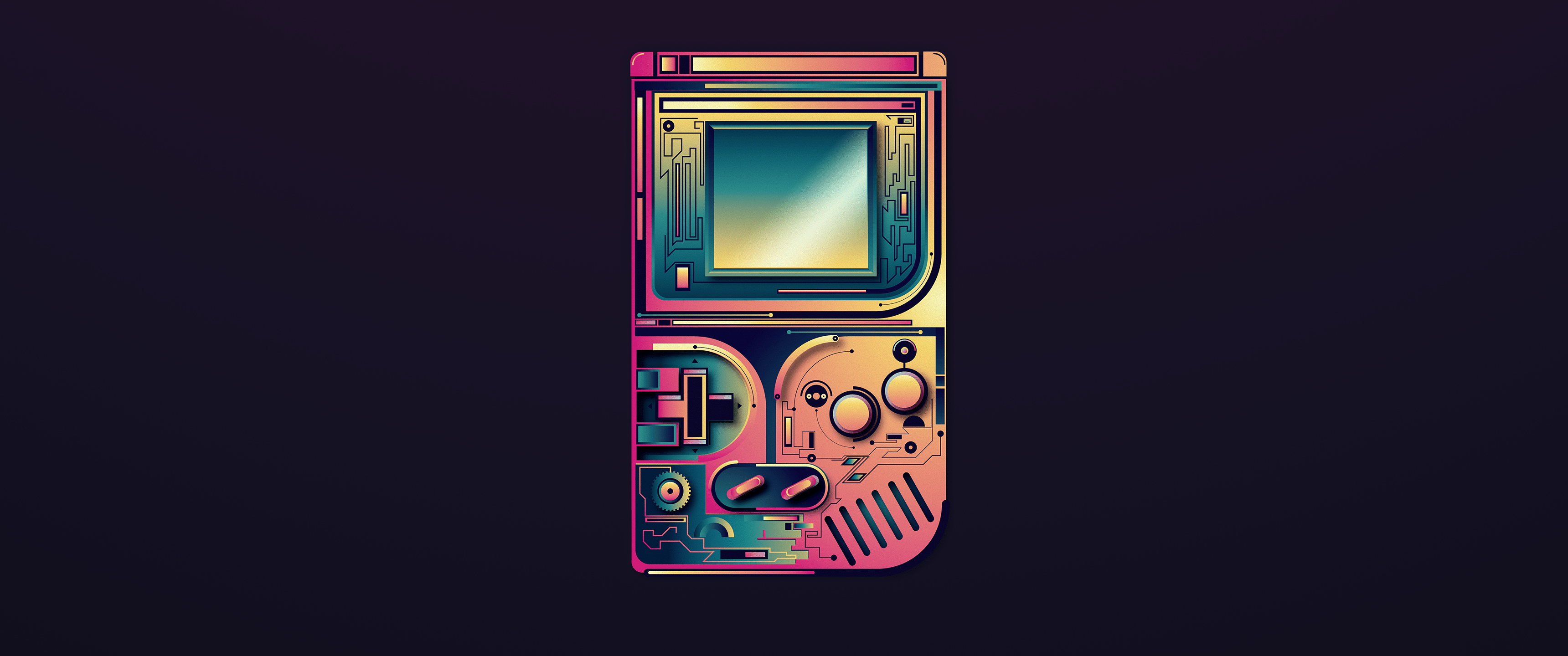 A Gameboy is shown in a gradient of blue, pink, and yellow. - 3440x1440, Game Boy, Nintendo