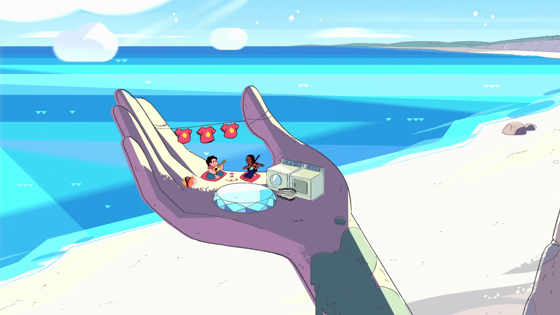 An animated scene from Steven Universe, showing a giant purple hand holding a small human family on a beach. - Steven Universe