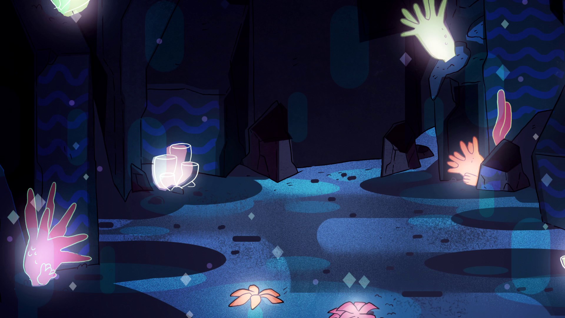 A cave with a large crystal in the center, surrounded by smaller crystals. - Steven Universe