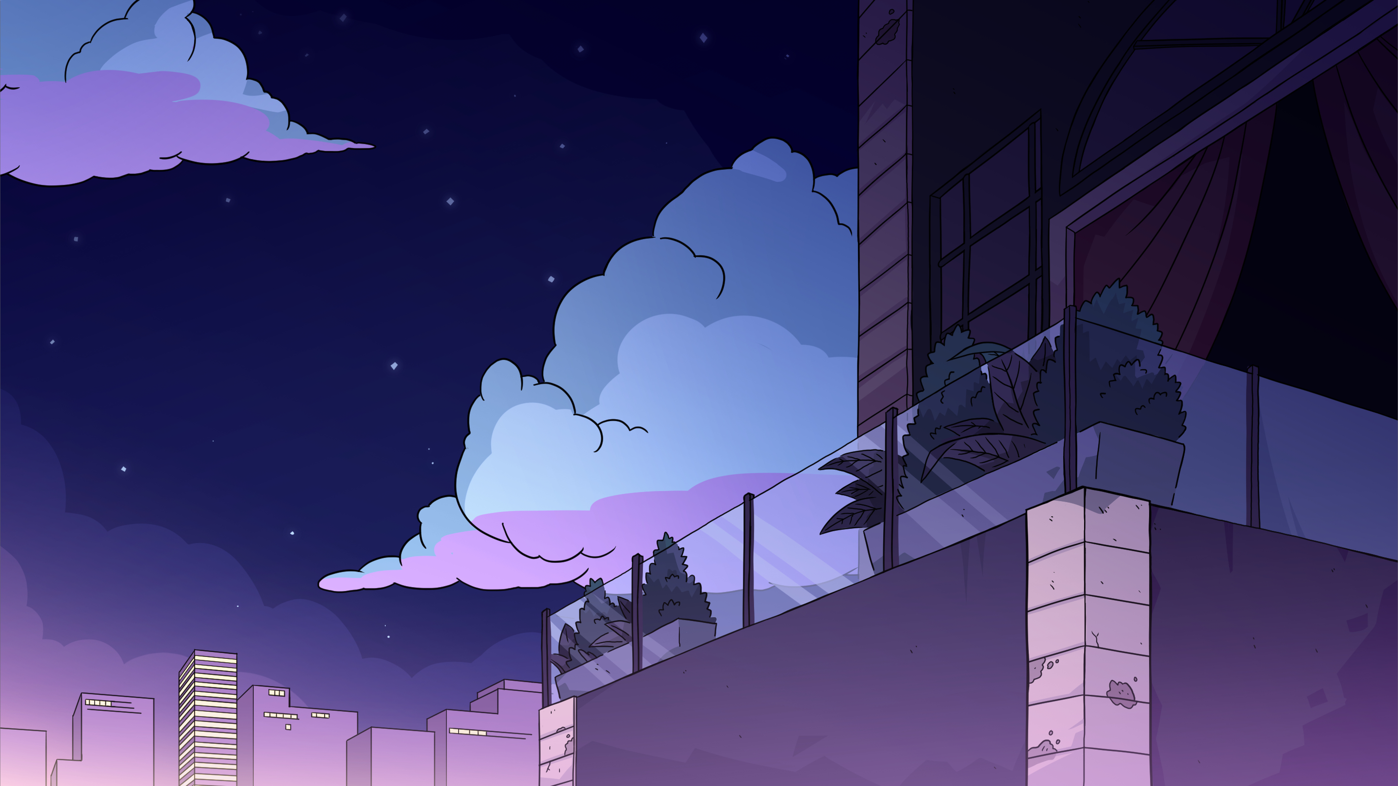 A balcony overlooks a city at night, with pink and blue clouds in the sky. - Steven Universe