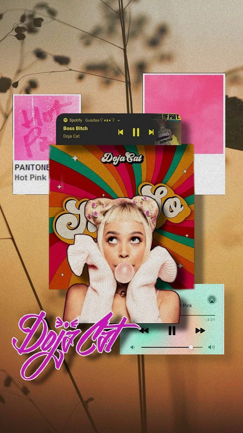 A collage of a Spotify playlist cover, a plant, and a pantone color card - Doja Cat, cat