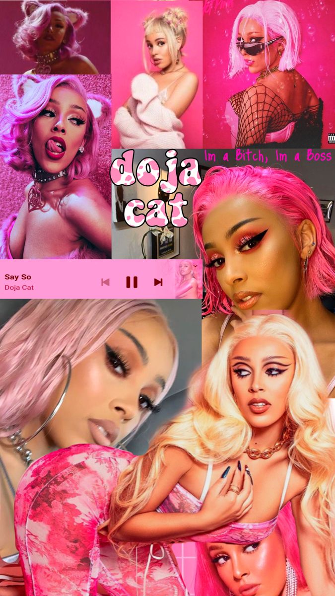 A collage of Doja Cat in pink, with different pink outfits and hair. - Doja Cat