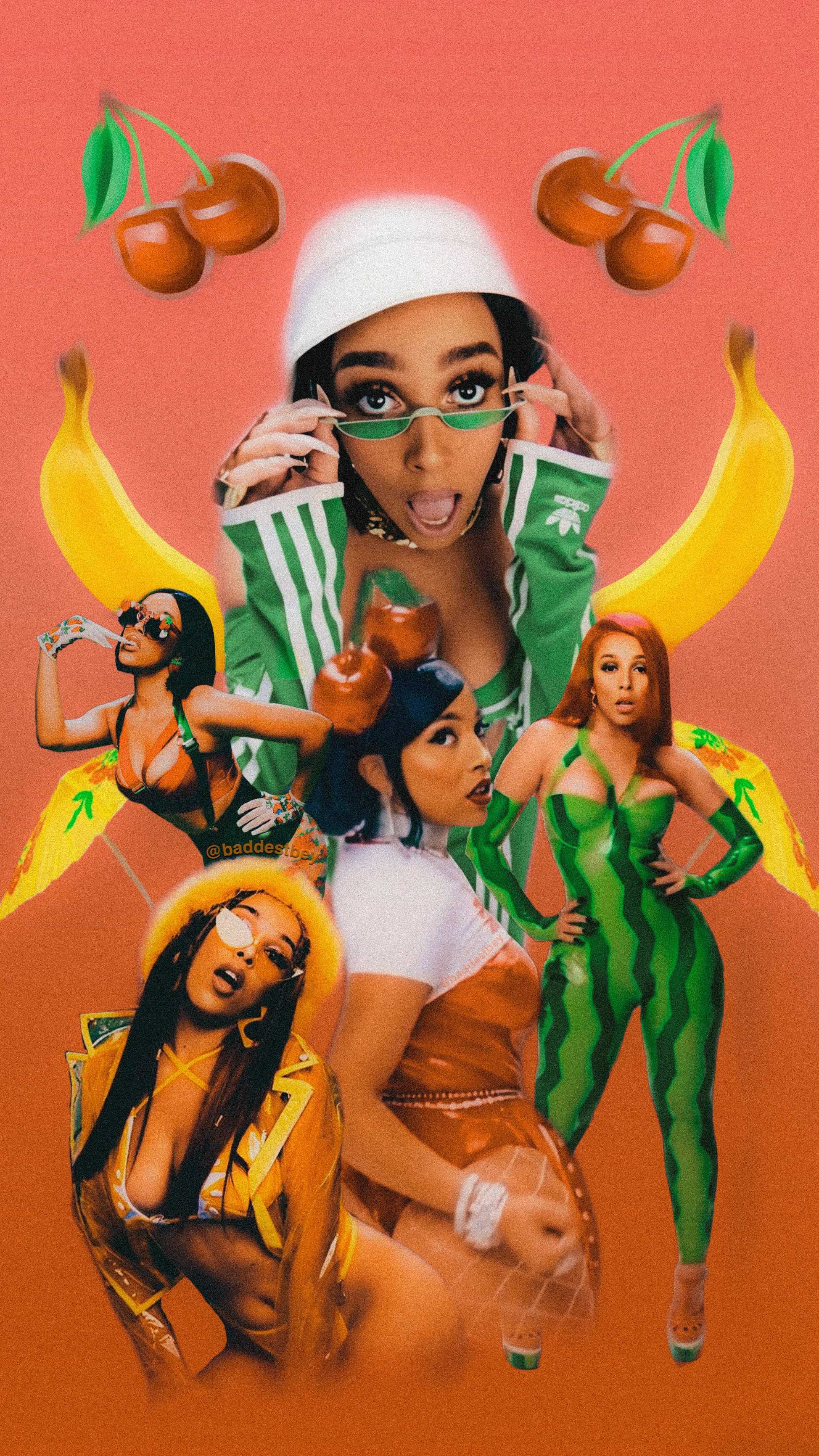 A collage of Cardi B with fruit and cherry imagery - Doja Cat