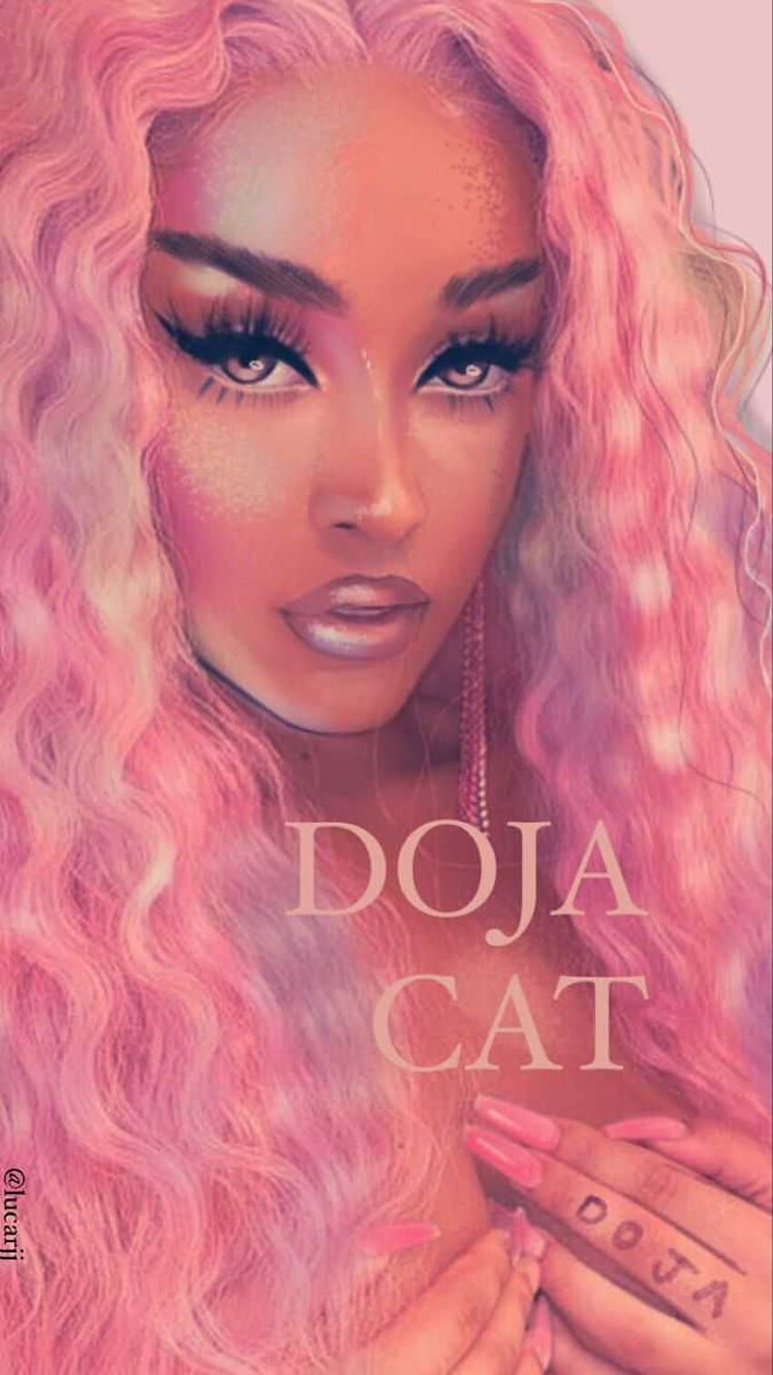 The cover of a book with pink hair and makeup - Doja Cat
