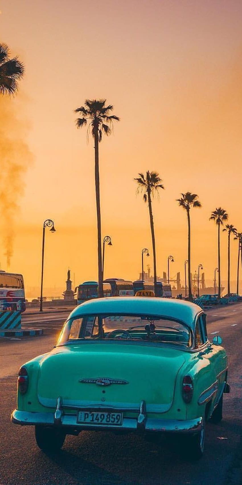 Vintage car parked on the street, surrounded by palm trees, sunset in the background, cuba travel, aesthetic backgrounds - California, sunset, cars, palm tree, beautiful, yellow iphone, 50s