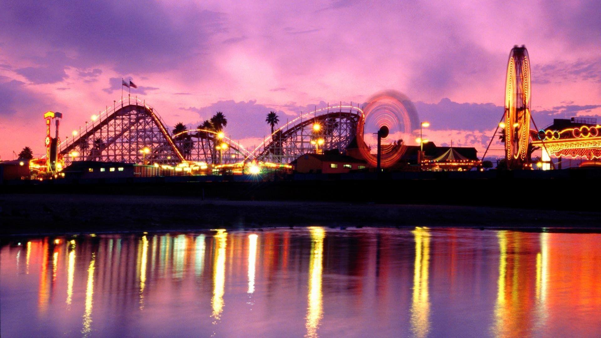 Description about wallpaper roller coaster, amusement park, night, the city, lights - California, lake