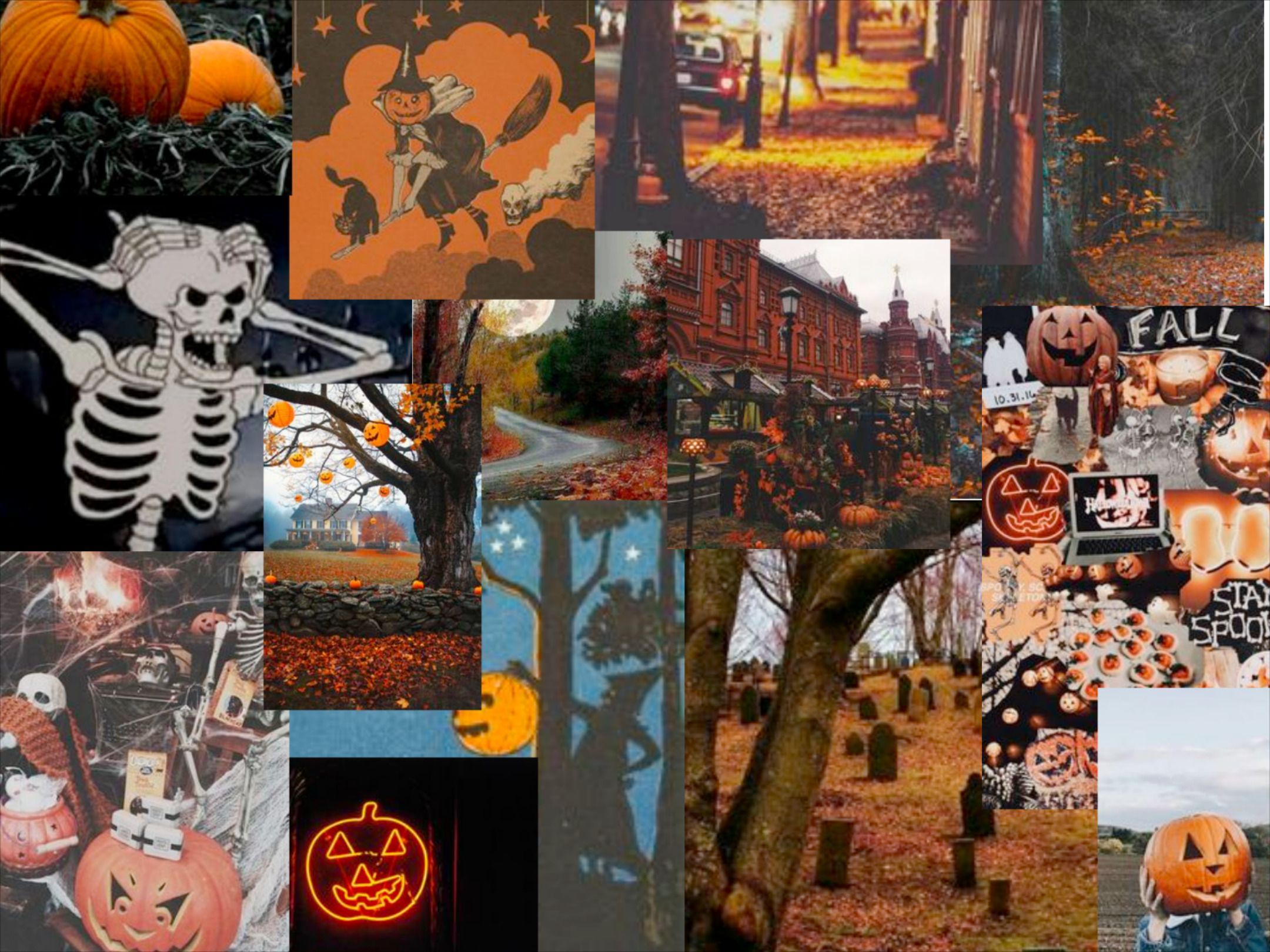 A collage of pictures with pumpkins and skeletons - Halloween, cute Halloween
