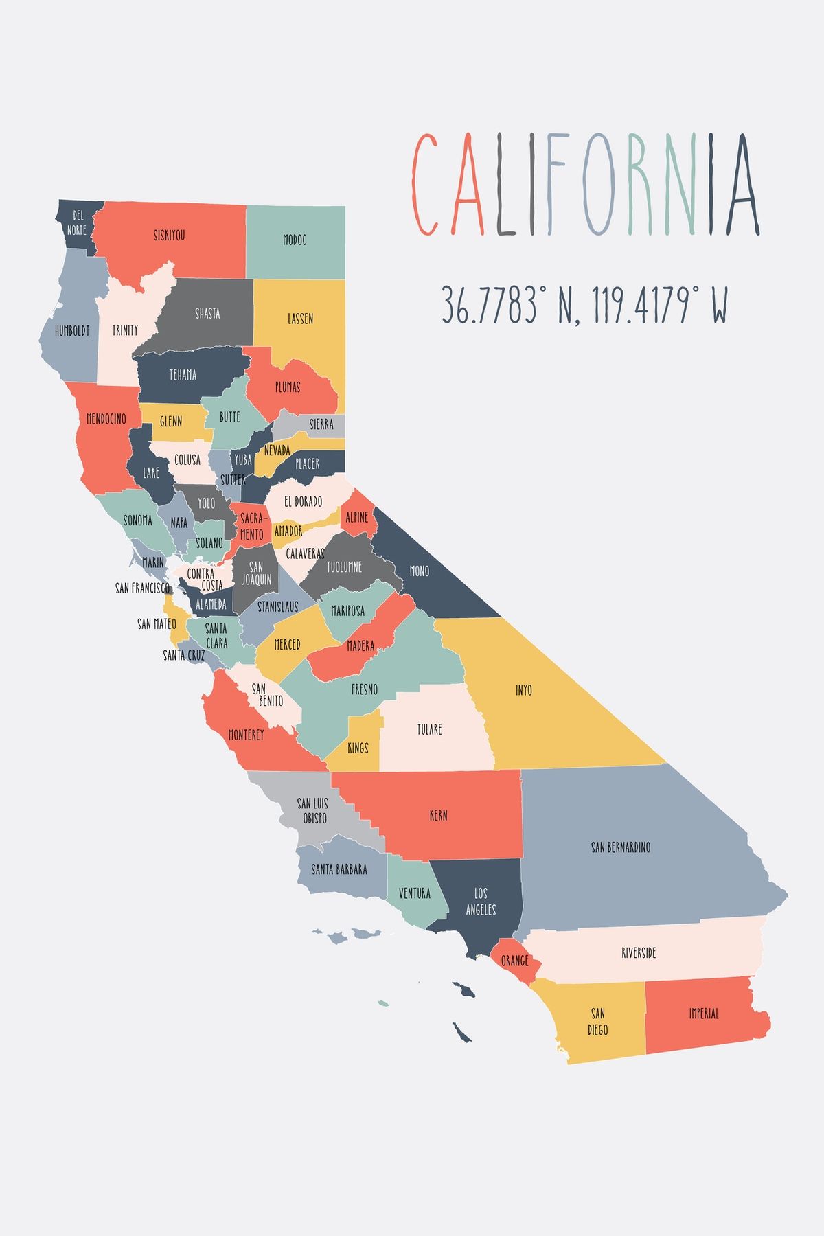 California map with the state's name and a colorful design - California