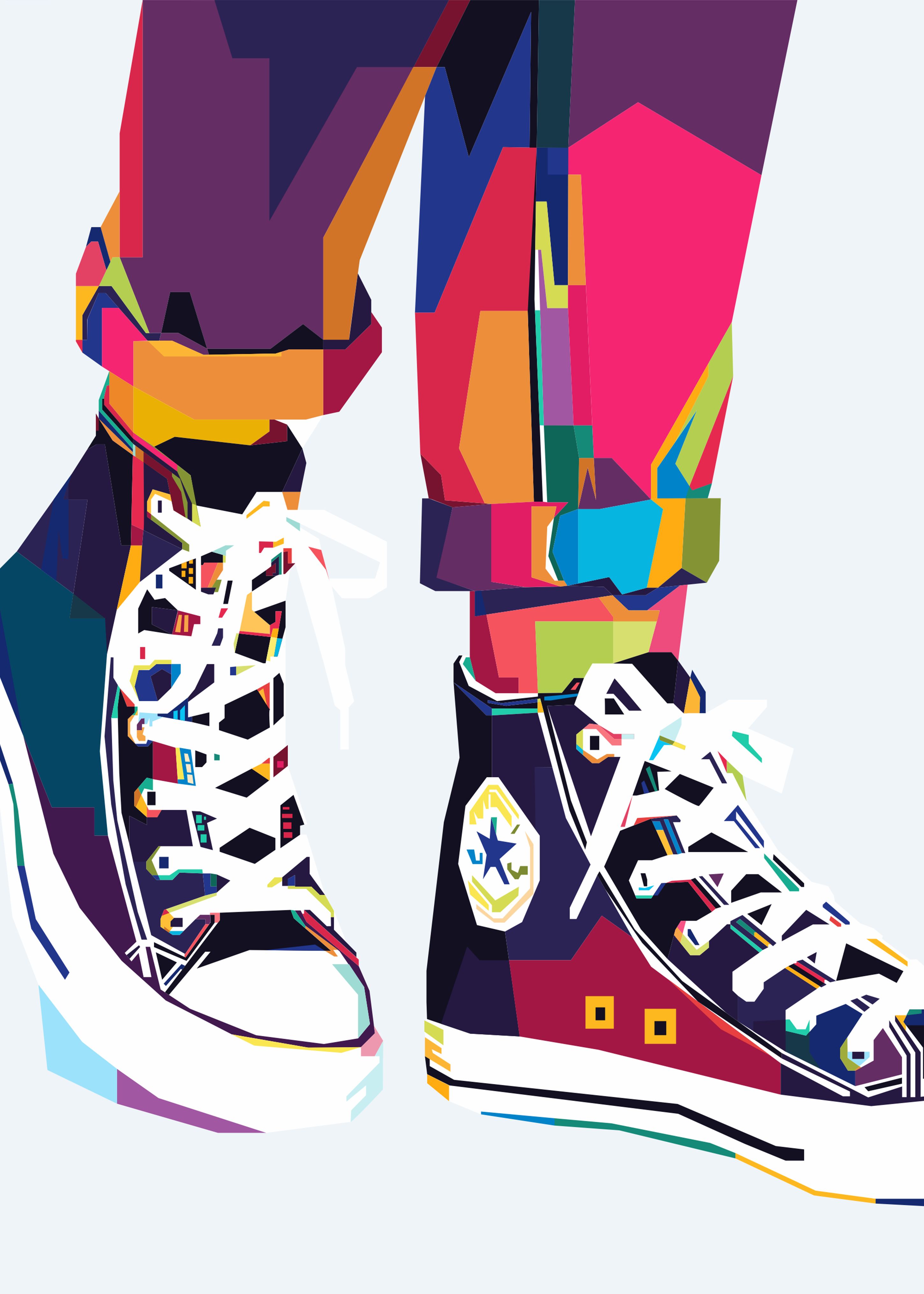 Colorful legs in jeans and sneakers stand on a white background - Converse, art