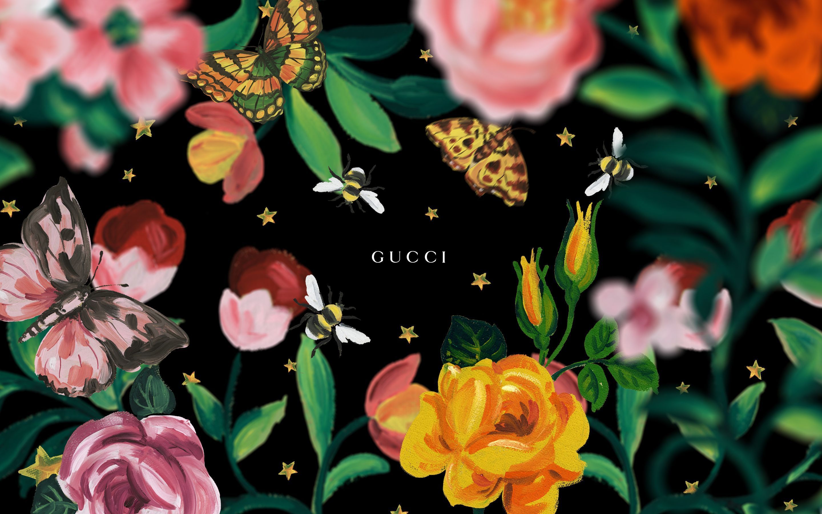 A black background with flowers and butterflies - Gucci