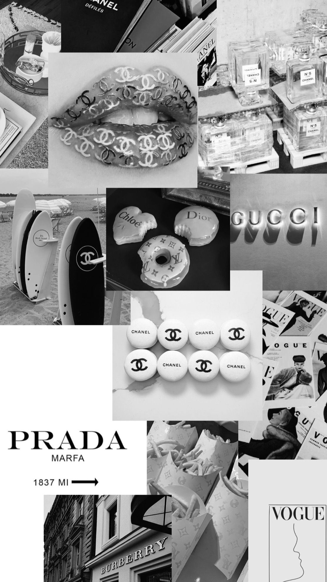 Black and white aesthetic wallpaper for phone with fashion brands such as Prada, Gucci, and Chanel. - Gucci