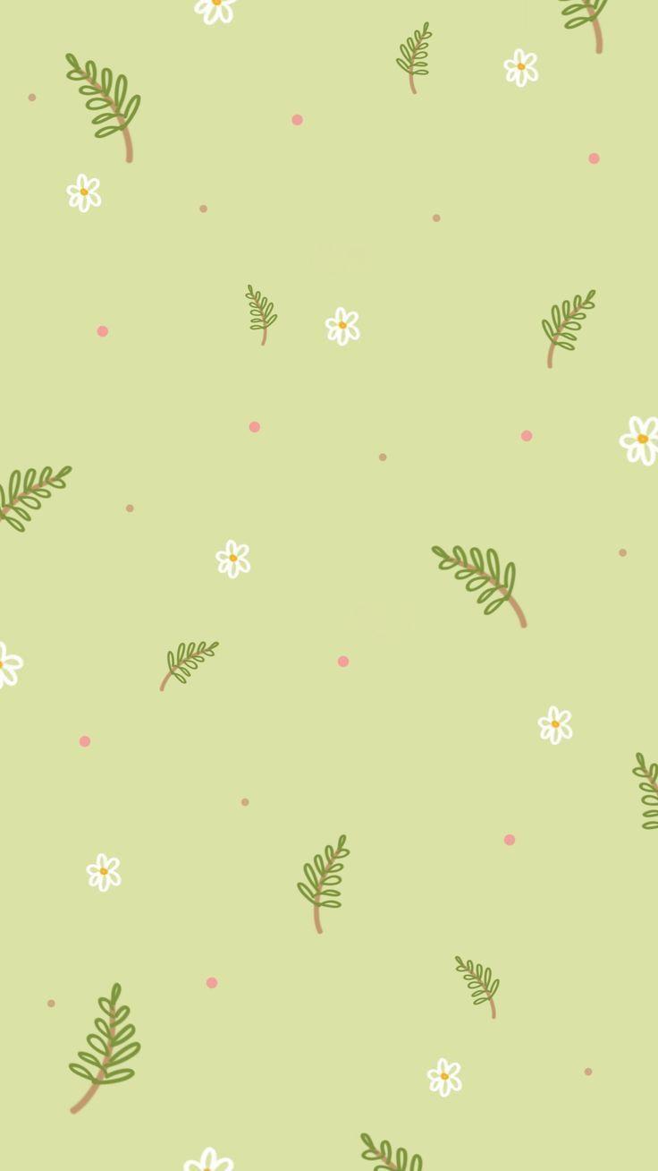 Wallpaper for phone cute aesthetic, green background with white flowers and green leaves, pink dots - Green, light green, soft green, lime green