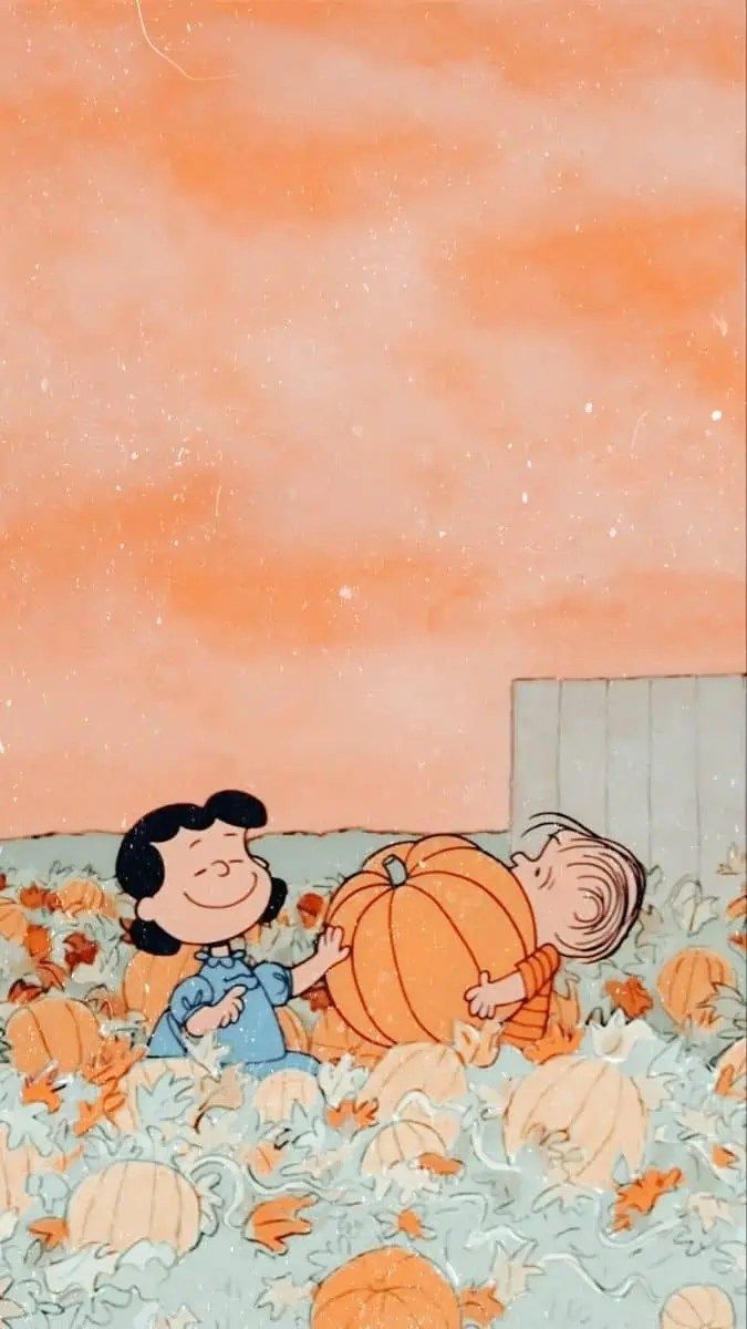 A cartoon of two children playing with pumpkins - Halloween, Charlie Brown, spooky
