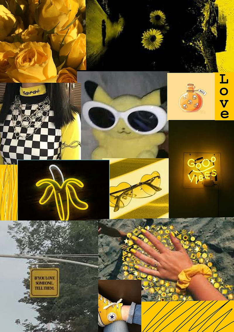 Yellow Aesthetic, collage, emo, pikachu, tumblr, cute, sun, HD phone wallpaper