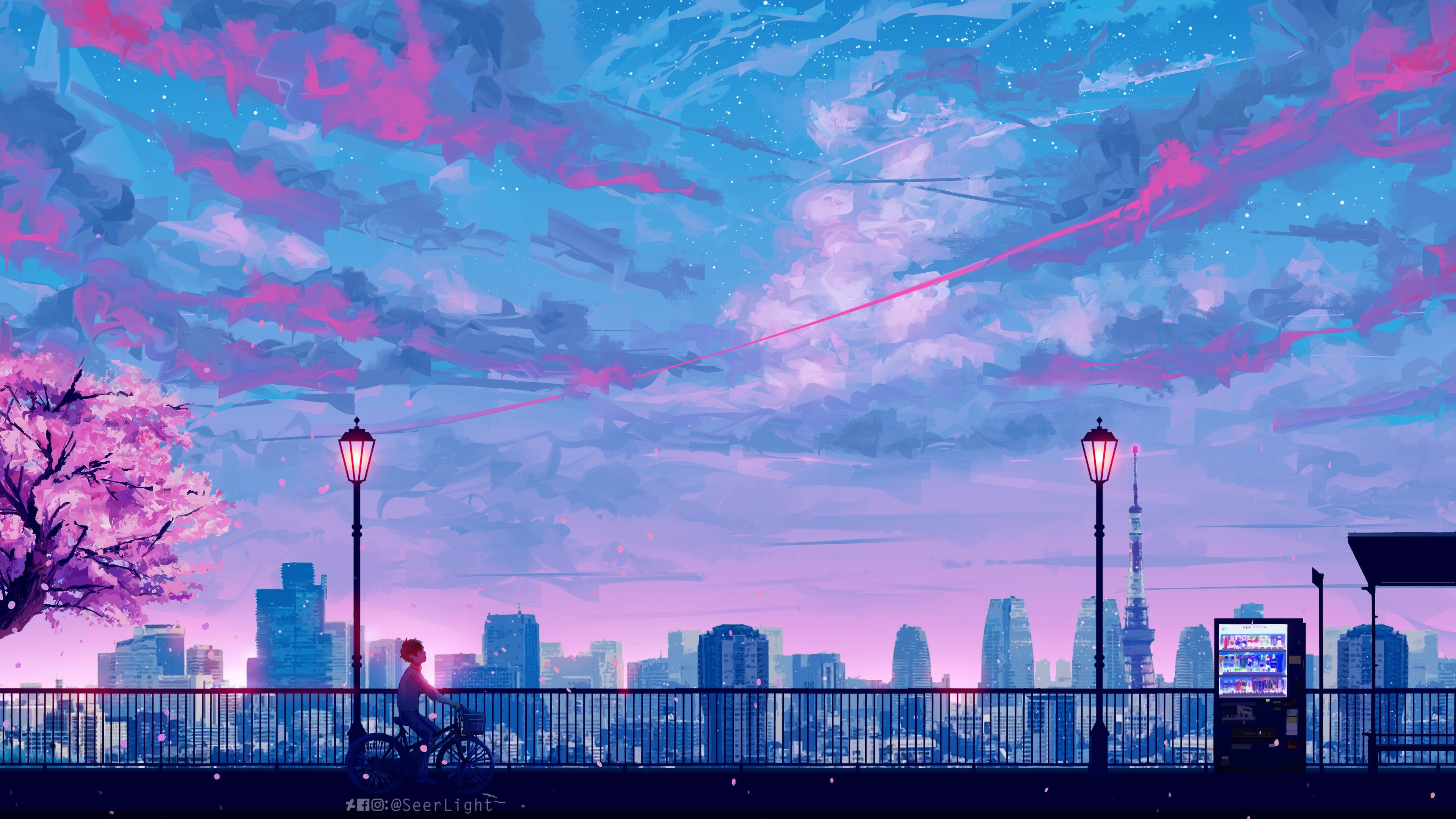A painting of people on the street at night - Desktop, 90s anime, 90s, landscape, Tokyo, anime sunset, computer, HD, Japan, violet