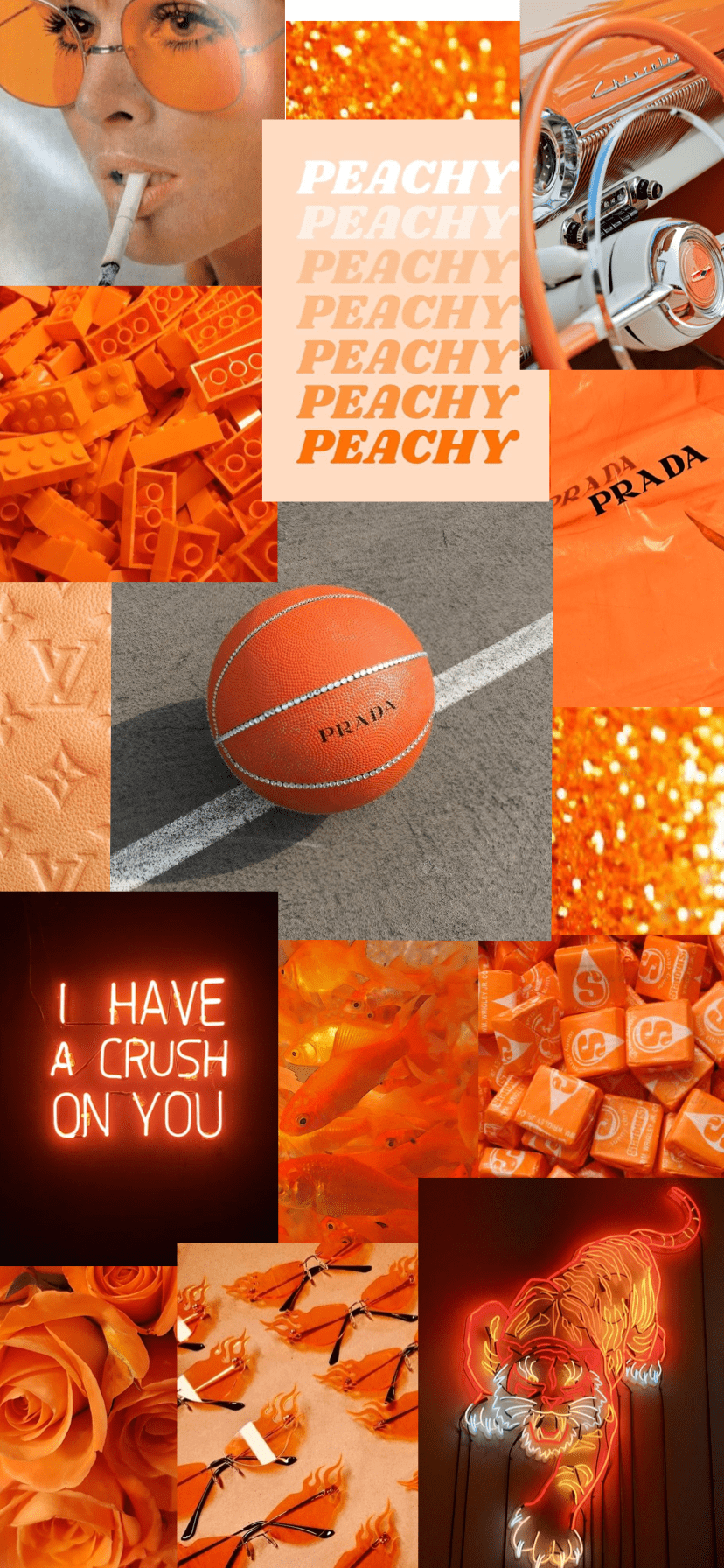 Aesthetic collage of orange and peachy tones, including a basketball, roses, and a Prada logo. - Orange