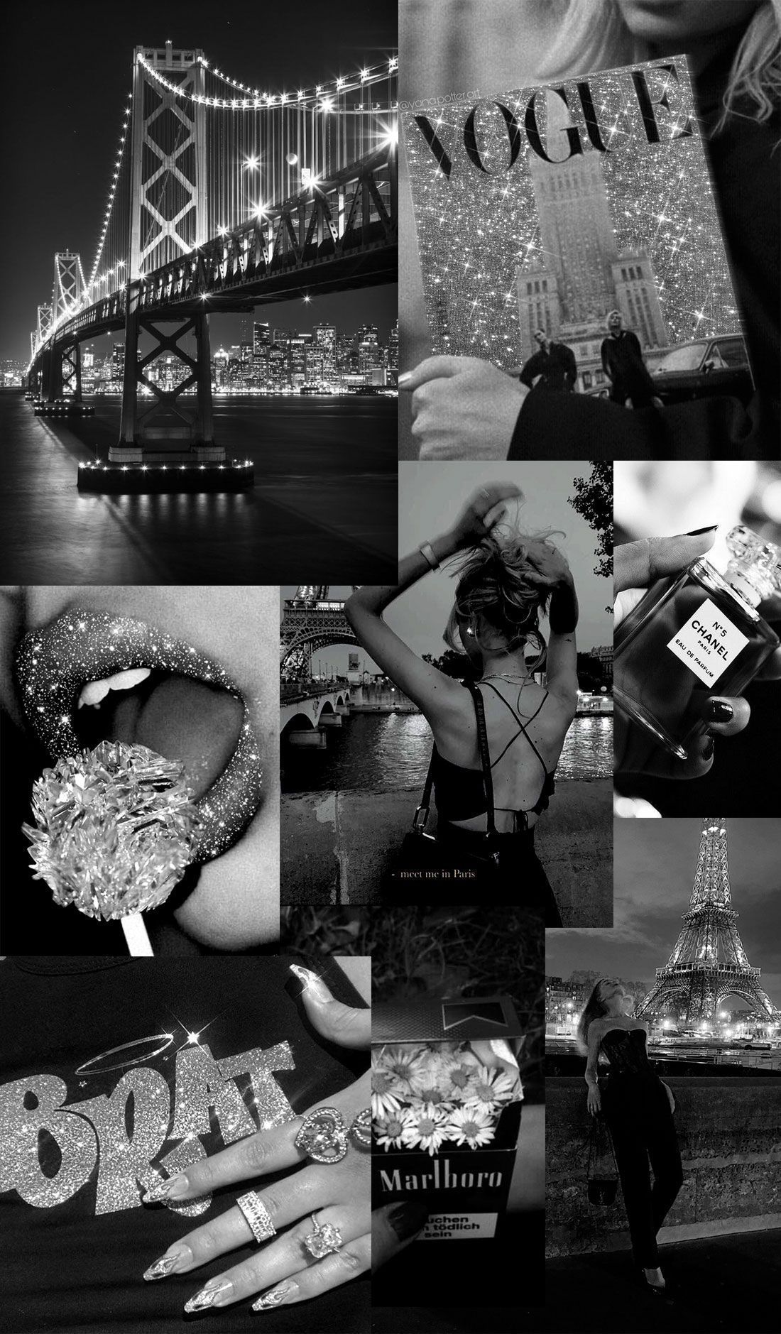 A collage of pictures with different themes - Black, Vogue, collage, bling, Paris, Chanel, gray, black quotes