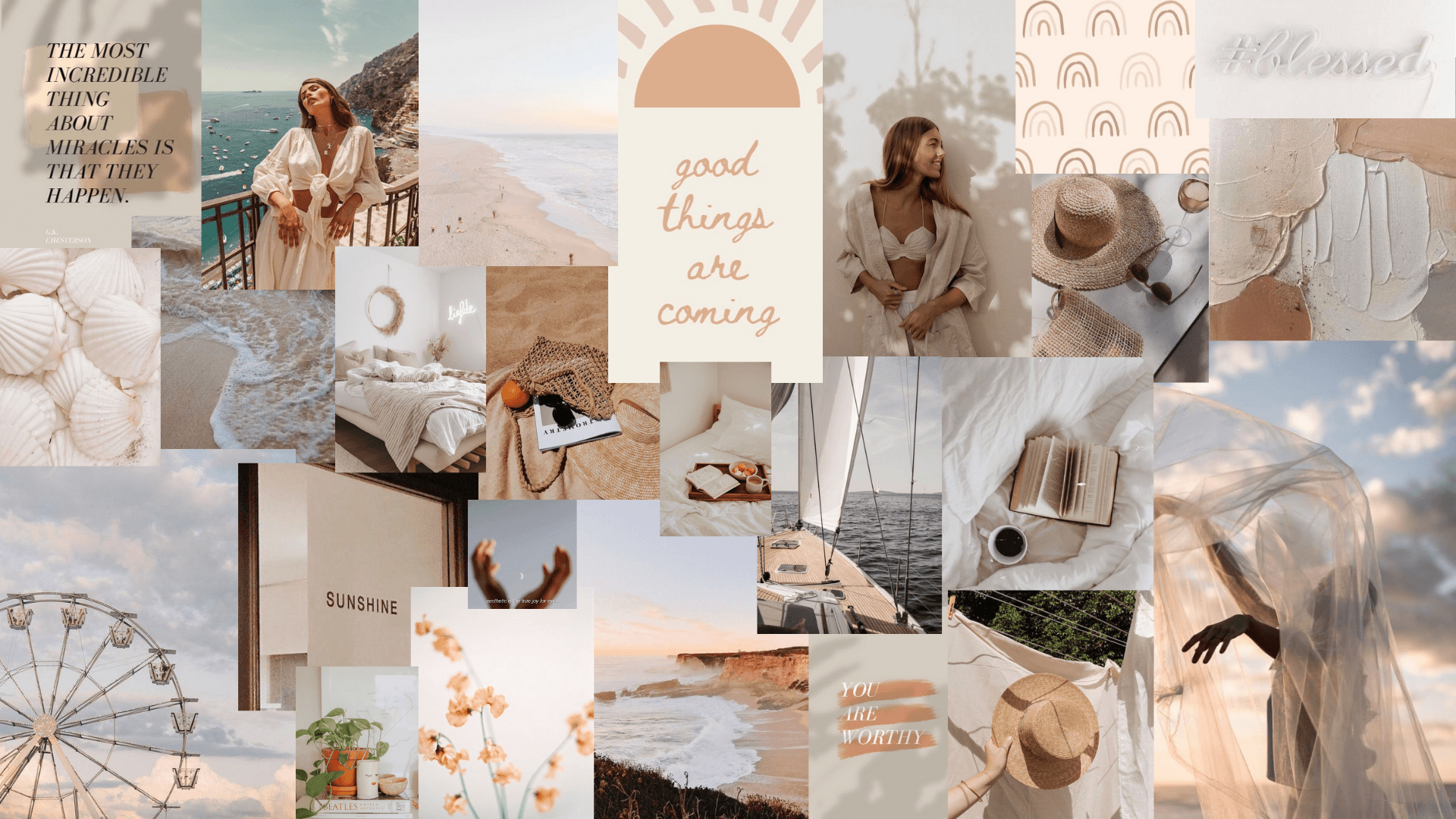 A collage of photos of the beach, ferris wheel, and books. - Laptop, collage, neutral
