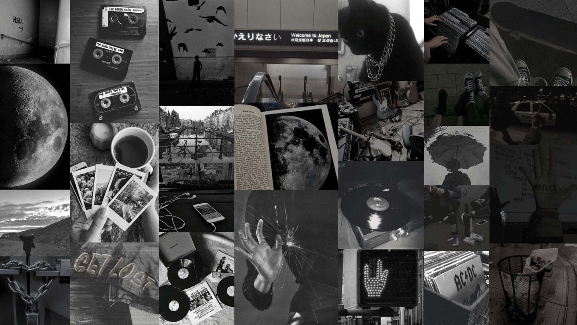 A collage of black and white aesthetic pictures including a cup of coffee, a book, a picture of a wolf, a picture of a girl with an umbrella, and a picture of a vinyl record. - Black