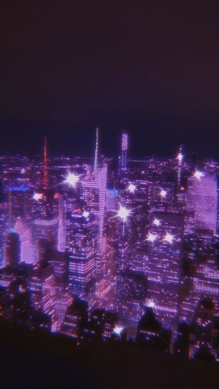 Aesthetic city wallpaper for phone background. - Purple