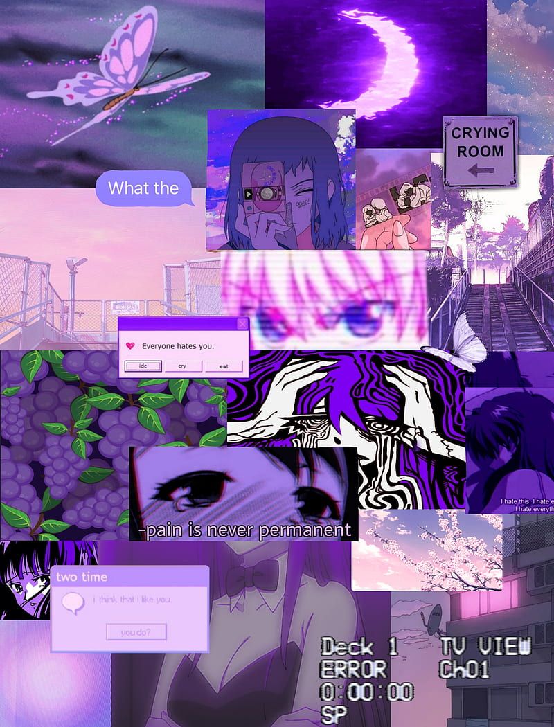 A collage of images with purple backgrounds - Purple, violet, anime