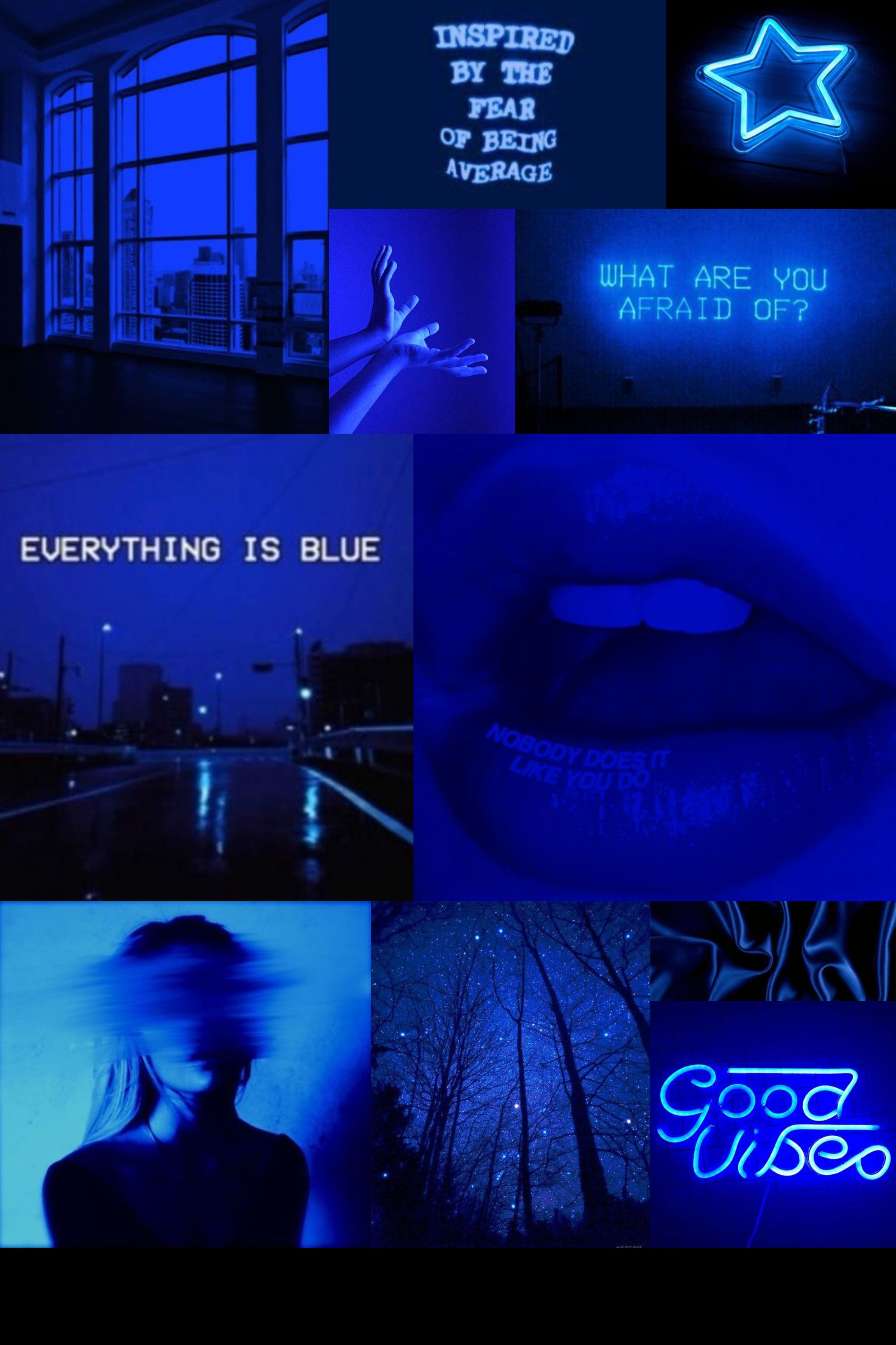 A collage of blue and black images - Dark blue, navy blue, neon blue