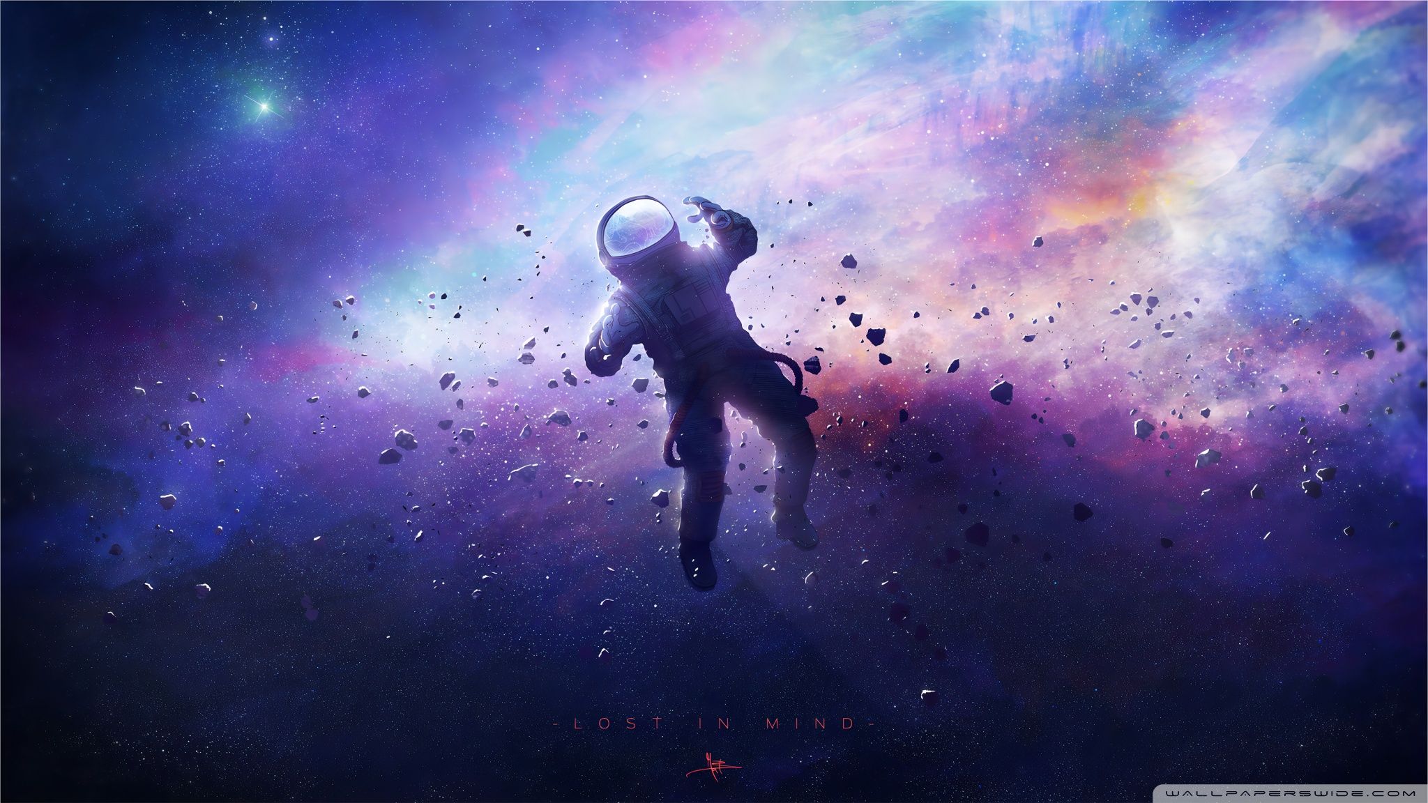 A man in an astronaut suit floating through space - 2048x1152