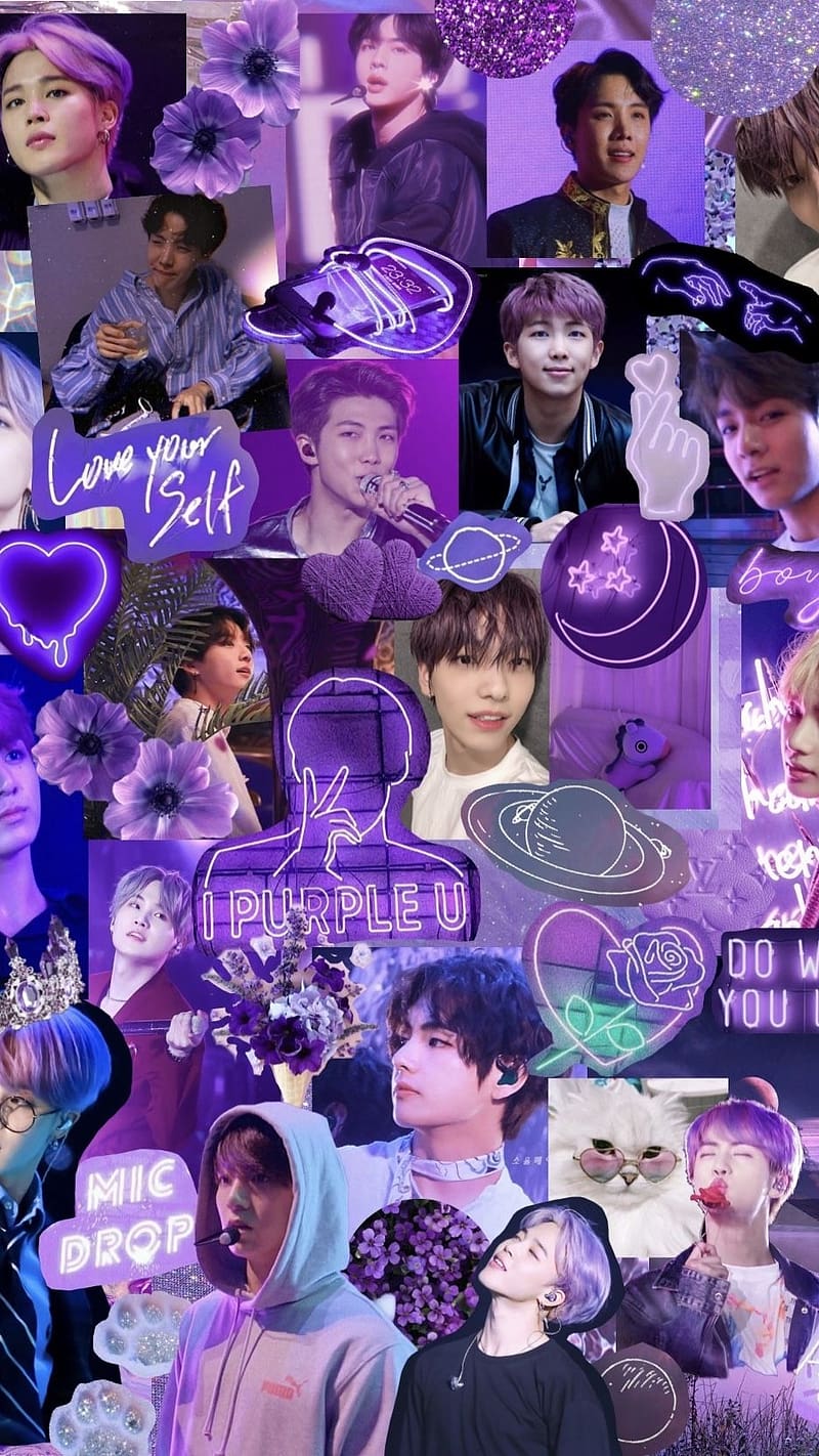 A collage of various pictures with purple backgrounds - BTS, Jungkook