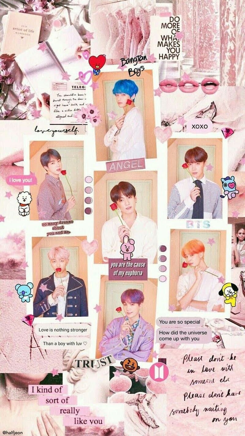A collage of pictures of BTS members with a pink aesthetic - BTS, Jungkook