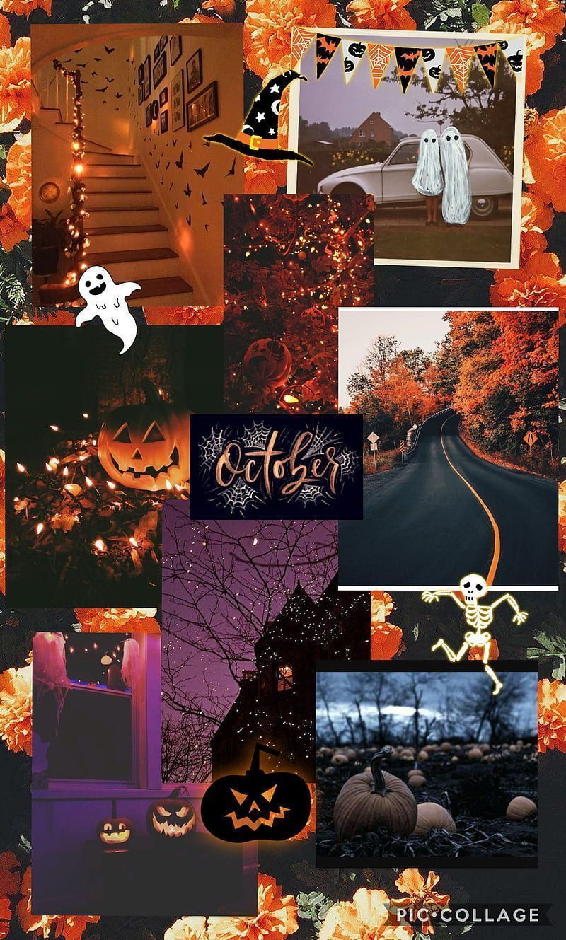 A collage of halloween pictures with pumpkins and ghosts - Halloween, neon orange, cute Halloween
