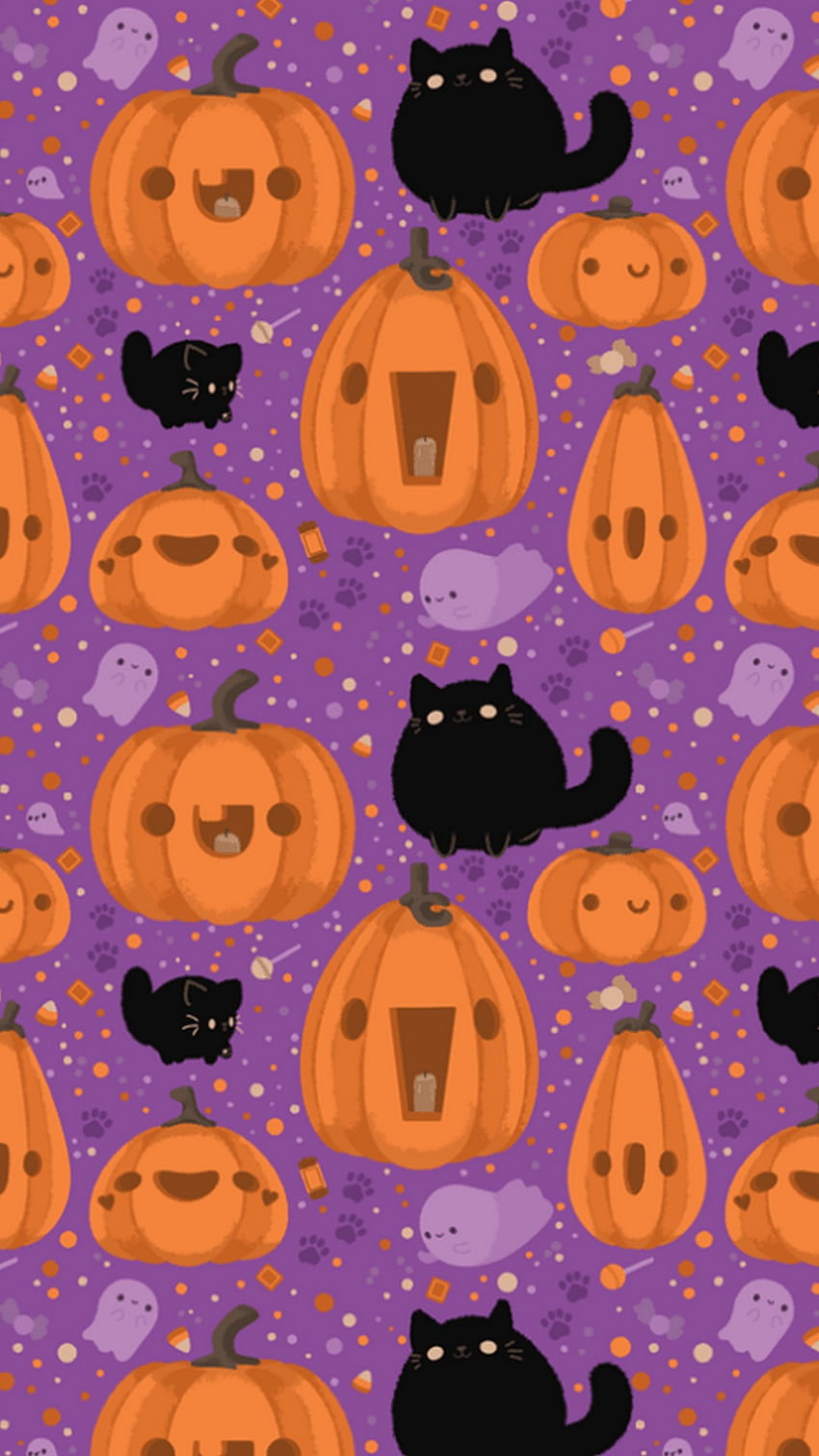 A pattern of cats and pumpkins on purple - Halloween, cute Halloween