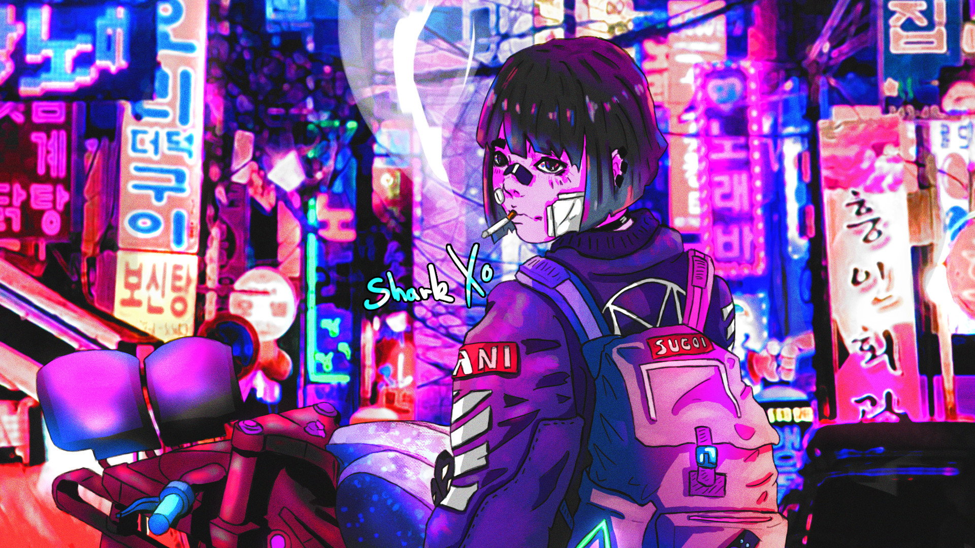 A girl in anime style is standing on the street - Vaporwave, anime