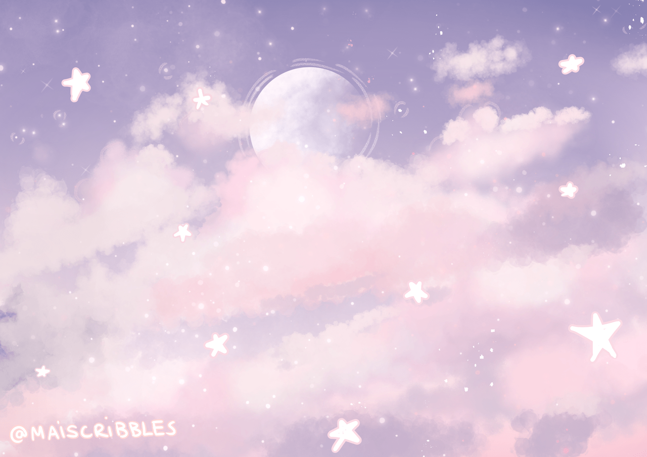 An illustration of a pink and purple sky with a full moon and stars. - Pastel