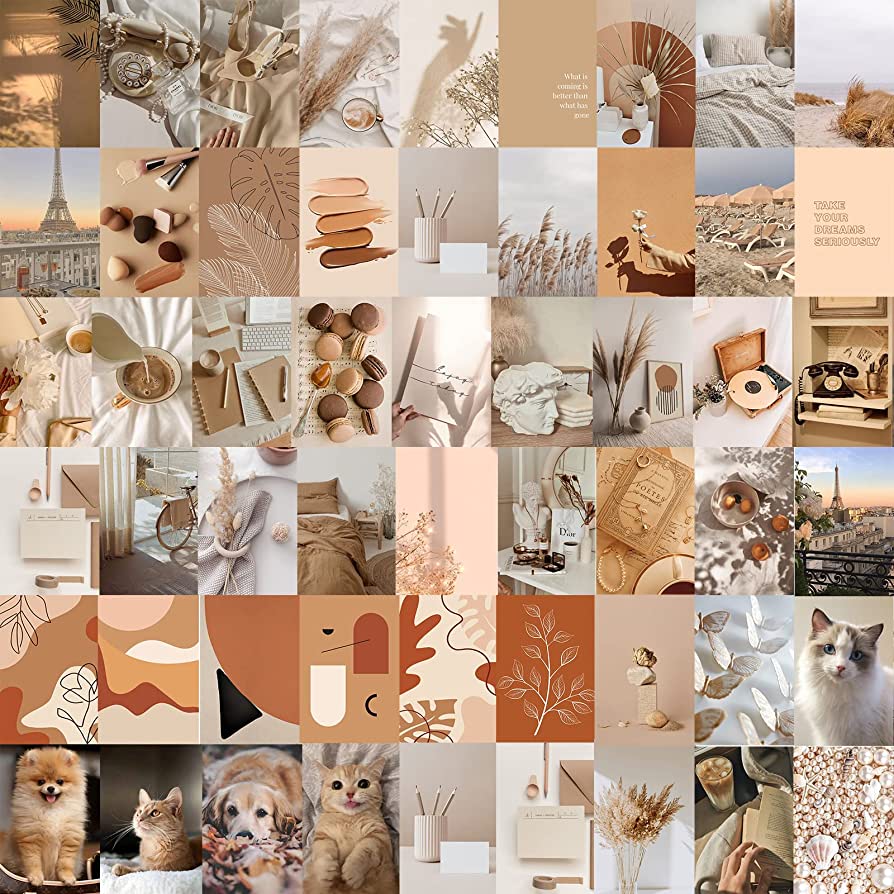 Mr. Care 60PCS 4x6 Beige Wall Collage Kit Aesthetic Picture, Room Decor Aesthetic, Boho Wall Art Print Photo Collage Kit for Teen Girls, VSCO Poster, Thick Cardstock, Stickies Included