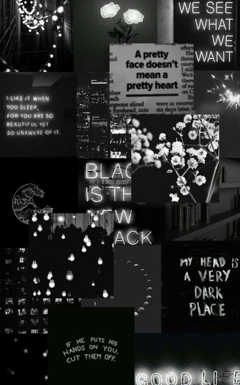 Black aesthetic background with a collage of different quotes, images and symbols. - Black, gray, couple, pretty, dark, cute white, phone, Android, Off-White