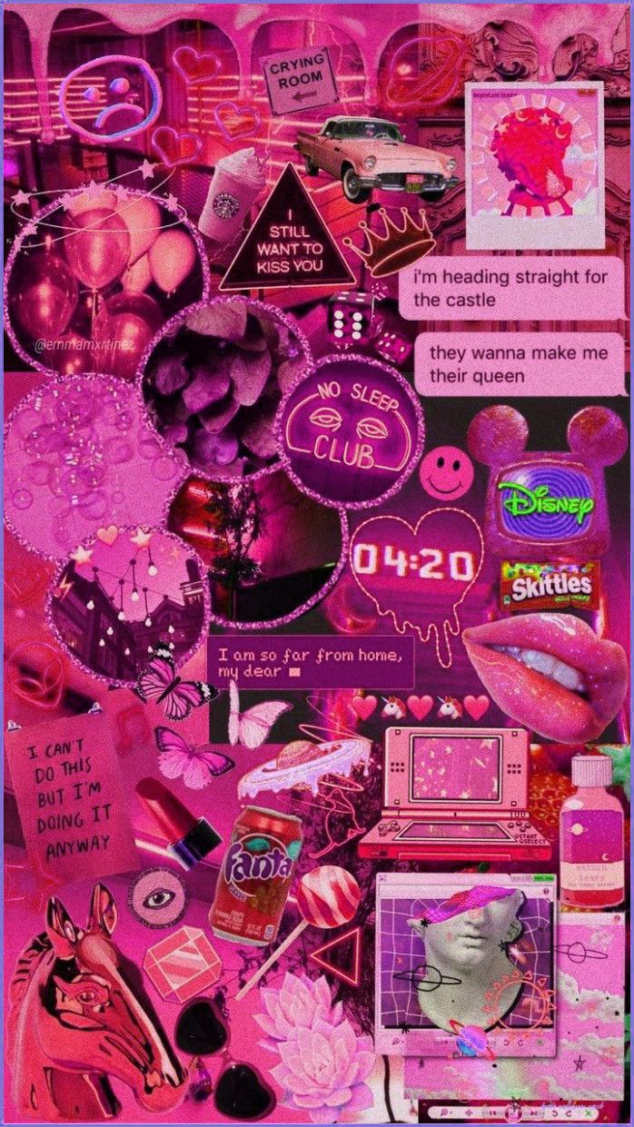Aesthetic pink collage background with text that says 