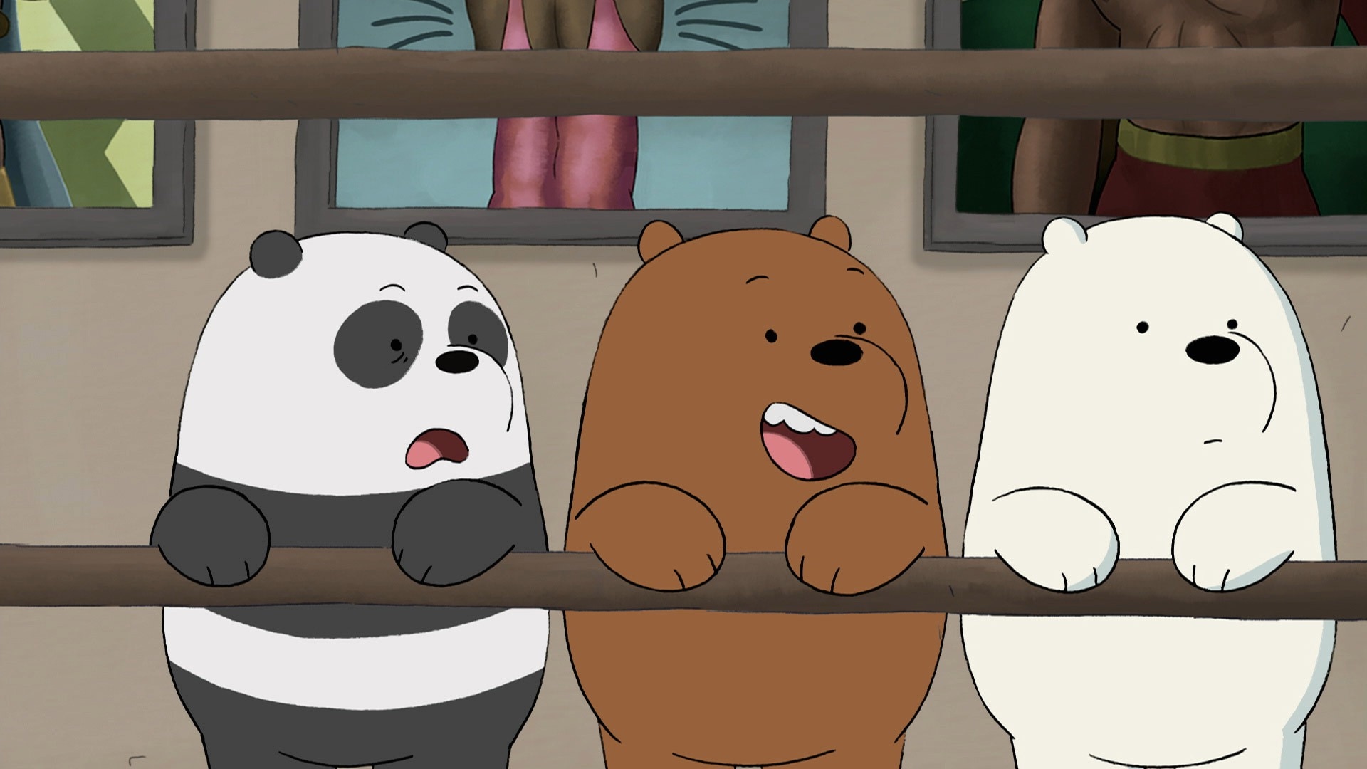 A cartoon bear and panda are standing on the railing - We Bare Bears