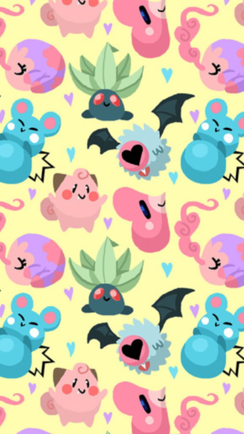 A pattern of cute little animals on yellow background - Pokemon