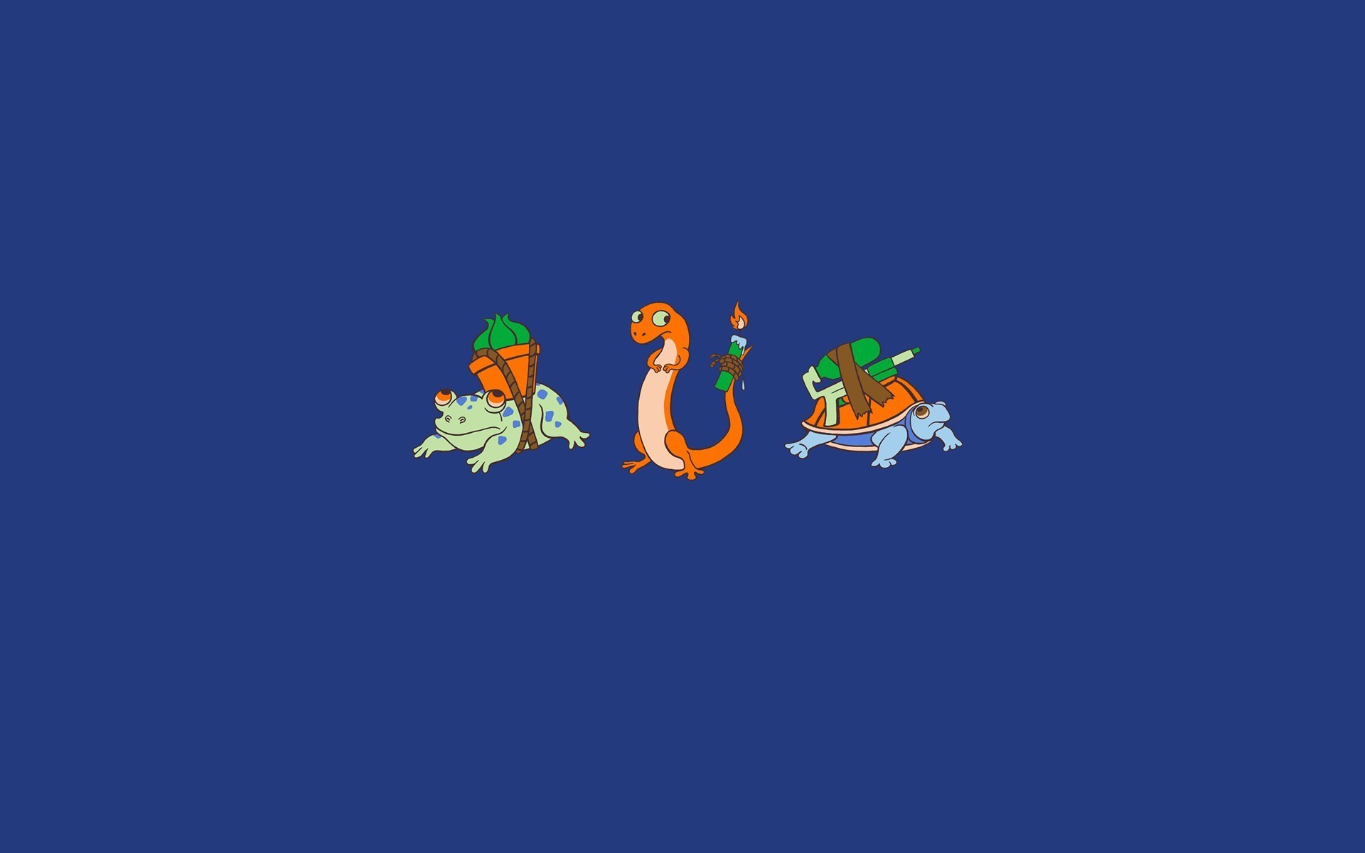 A funny image of three cartoon characters on a blue background - Pokemon