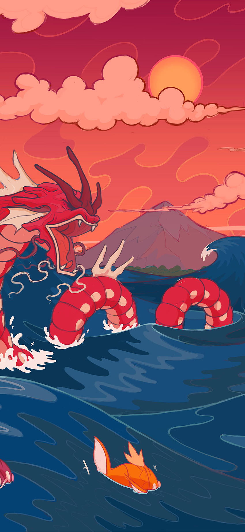 A red sea monster with red spots and red horns is in the water - Pokemon