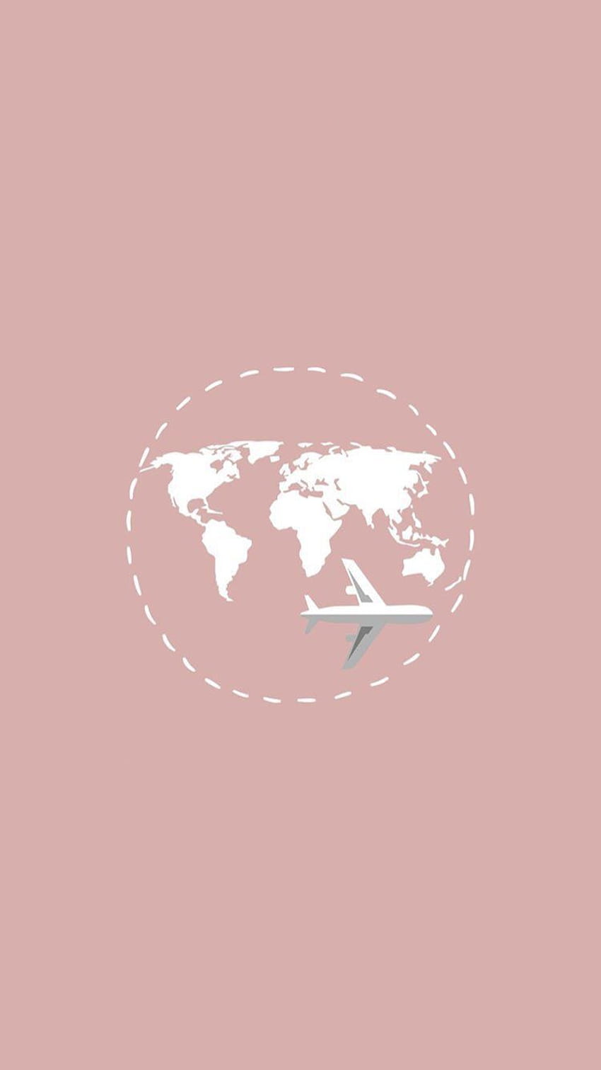 Wallpaper for phone travel theme pink background white map of the world with a plane flying - Travel