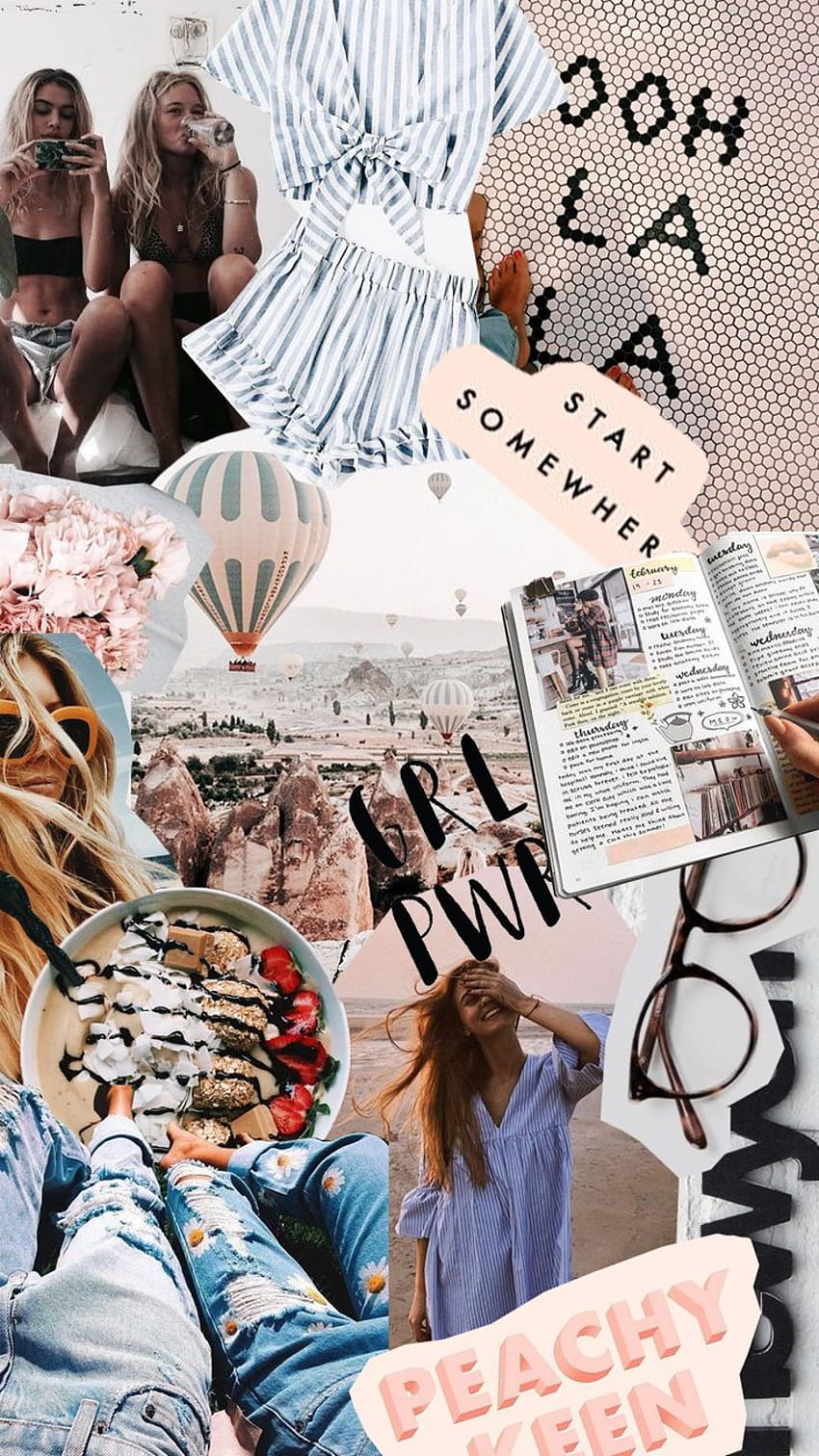 A collage of photos including two girls sitting on a bench, a hot air balloon, a dress, a book, a bowl of fruit, and the words 