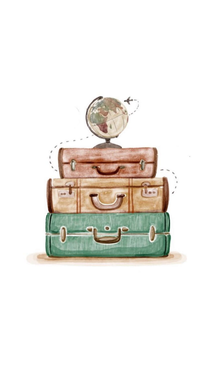 A watercolor illustration of a stack of suitcases with a globe on top. - Travel